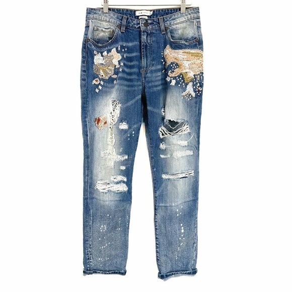 MM Vintage Floral Embroidered Distressed Boyfriend Straight Leg Jeans Womens 27 - Picture 1 of 7